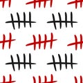 Repeating black and red tally marks on a white background. Seamless pattern. Royalty Free Stock Photo