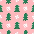 Repeating Christmas trees and snowflakes drawn by hand with a rough brush. Seamless pattern for New Year. Sketch, watercolor. Royalty Free Stock Photo