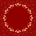 Repeating circle gingerbread cookies pattern on the red background with stars silhouette