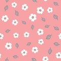 Repeating cute flowers and outlines of leaves. Cartoon seamless pattern.