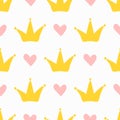 Repeating cute hearts and crowns. Seamless pattern for children.