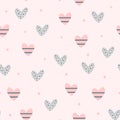 Repeating cute hearts and round dots. Romantic seamless pattern.