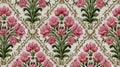 Elegant floral damask pattern with pink flowers and green leaves on a textured background Royalty Free Stock Photo