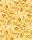 Stylized, golden, blooming begonia flowers hand-painted, assembled into a seamless pattern for textiles or wallpaper.