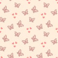 Repeating hearts and abstract butterflies drawn by hand. Feminine seamless pattern.