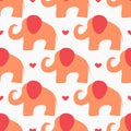 Repeating hearts and abstract silhouettes of elephants drawn by hand. Cute baby seamless pattern.