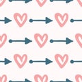 Repeating hearts and arrows drawn by hand with watercolour brush. Cute seamless pattern.