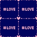 Repeating hearts with arrows and hashtag Love. Romantic seamless pattern.