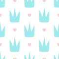Repeating hearts and crowns drawn by hand. Cute simple seamless pattern for girls.