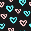 Repeating hearts drawn by hand with a rough brush. Romantic seamless pattern. Grunge, sketch, watercolour, paint.