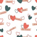 Repeating hearts and the handwritten words Love, sweet, be mine and other. Vector Romantic seamless pattern. Endless girlish print Royalty Free Stock Photo