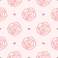 Repeating hearts and rose flowers drawn by hand. Cute floral seamless pattern.