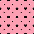 Repeating hearts and silhouettes of cat heads. Cute seamless pattern.