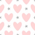 Repeating hearts and stars drawn by hand. Cute seamless pattern.