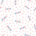 Repeating hearts and text Xoxo. Romantic seamless pattern.