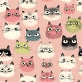 Seamless pattern with colorful cartoon cat faces on beige background Royalty Free Stock Photo