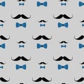 Seamless men pattern of black moustache and blue bowtie on gray.