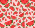 Repeating pattern background of various red watermelon slices, wedges, and half circles on light pink surface Royalty Free Stock Photo