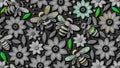 Repeating pattern of bees and flowers in green splash