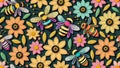 Repeating pattern of bees and flowers in multiple colors