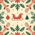 A repeating pattern of Christmas elements, as a sleigh, decorations, trees, and leaves, red, green colors on a neutral background Royalty Free Stock Photo