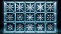 a repeating pattern of clear glass boxes, each containing a uniquely formed snowflake, in pale blue tones