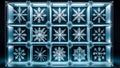 a repeating pattern of clear glass boxes, each containing a uniquely formed snowflake, in pale blue tones Royalty Free Stock Photo