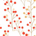 A repeating pattern of delicate branches with clusters of red and beige spheres on a white background, seamless pattern Royalty Free Stock Photo