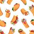 Repeating pattern of different shawarmas. Fast food on wrapping print. Wallpaper with various shawermas: taco, gyros Royalty Free Stock Photo