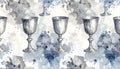 Seamless Pattern of Vintage Goblets with Watercolor Splashes Royalty Free Stock Photo