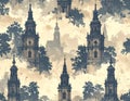 Seamless Pattern with Historic Church Spires and Trees Royalty Free Stock Photo