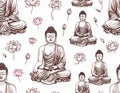 Seamless Pattern of Buddha Statues and Lotus Flowers Royalty Free Stock Photo