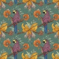 Repeating pattern featuring purple parrots sitting on branches, surrounded by large Royalty Free Stock Photo