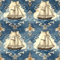 Vintage Nautical Pattern with Sailing Ships and Fleur-de-lis Royalty Free Stock Photo