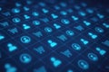 Repeating pattern of glowing blue user and shopping cart icons on a dark grid profile Royalty Free Stock Photo