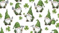 Repeating pattern of gnomes holding shamrocks and tools, isolated on white background Royalty Free Stock Photo