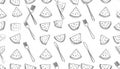 A repeating pattern of hand-drawn watermelon slices, forks, and Royalty Free Stock Photo