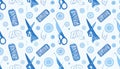 A repeating pattern of light blue sewing tools and buttons on a Royalty Free Stock Photo