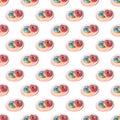 A repeating pattern of pink and blue donuts with a rainbow on a plate on a white background. Flat lay Royalty Free Stock Photo