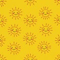 Repeating pattern of smiling sun icons with a happy face, blushing cheeks, and radiati Royalty Free Stock Photo