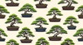 Seamless pattern of miniature bonsai trees in decorative pots on a light background Royalty Free Stock Photo