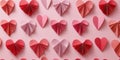 A repeating pattern of symmetrical folded paper hearts in bold pink and red hues, enhancing the festive romantic
