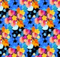 Repeating pattern with watercolor flowers in a vase against huge blue flowers on black background. Seamless print for fabric Royalty Free Stock Photo