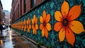 Repeating patterns of large orange and yellow flower-like shapes