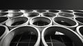 The repeating patterns of a series of spherical windows on a steel building create a mesmerizing visual effect against