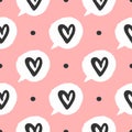 Repeating round dots and bubbles of speech with outlines of hearts. Cute seamless pattern drawn by hand with a rough brush.