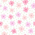 Repeating round spots and flowers drawn by hand with rough brush. Feminine floral seamless pattern. Sketch, watercolor, paint.