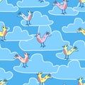 Fun Vector Repeat Pattern With Cute Birds And Blue Clouds On A Sky blue Background Royalty Free Stock Photo