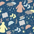 Repeating seamless pattern of rainy day season in doodle style