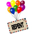 REPENT on envelope pulled by coloured balloons isolated on white background